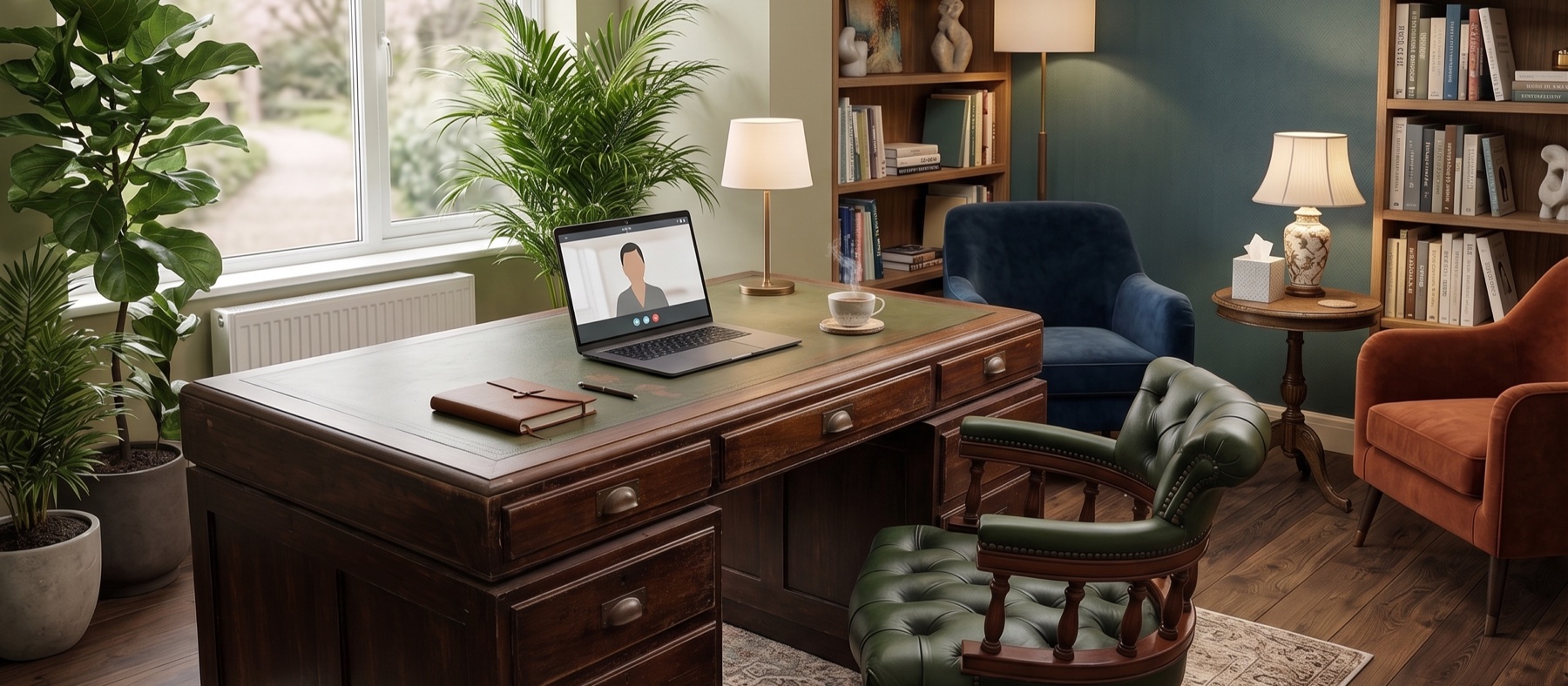 A quiet home office set up for an online therapy session, with a laptop open on a video call